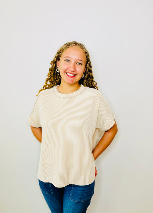 Corded Rib Short Cuff Sleeve Raw Edge Top - Sand Beige