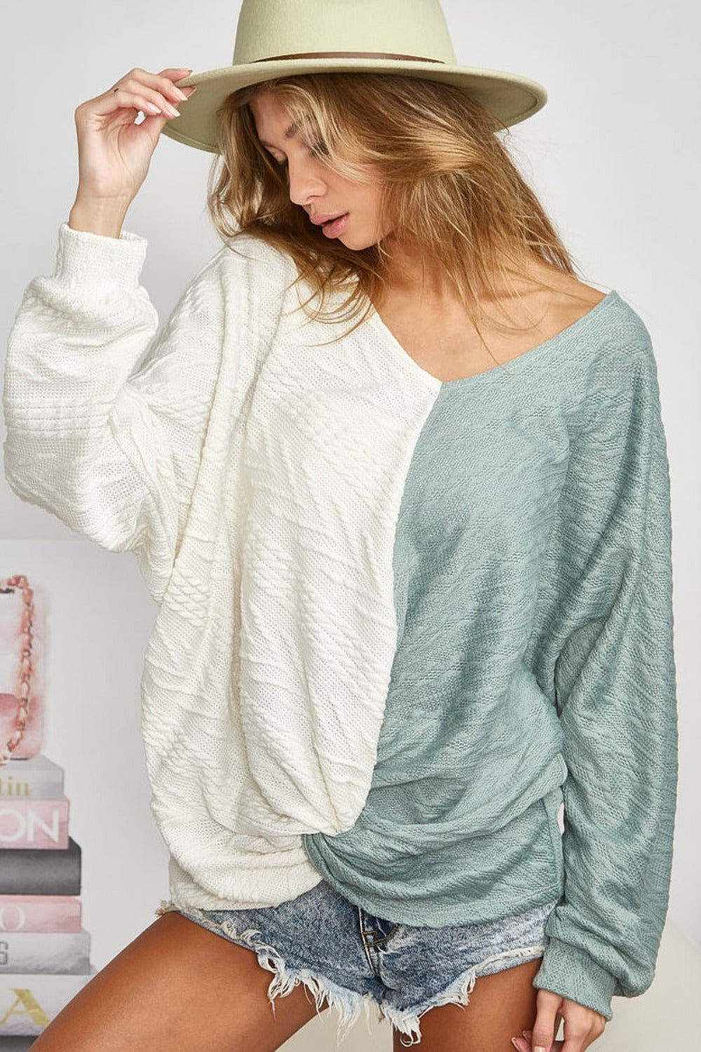 Twist Front Contrast Cable Knit Top