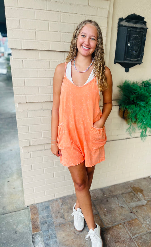 Mineral Washed Sleeveless Romper - Sunset