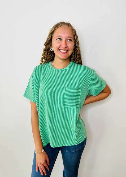 Corded Rib Short Sleeve Front Pocket Top - Kelly Green