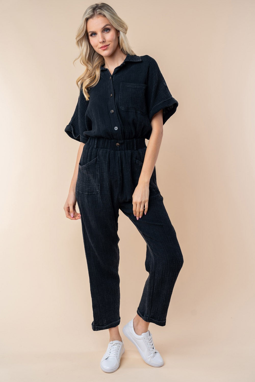 ONLINE ONLY Texture Short Sleeve Jumpsuit