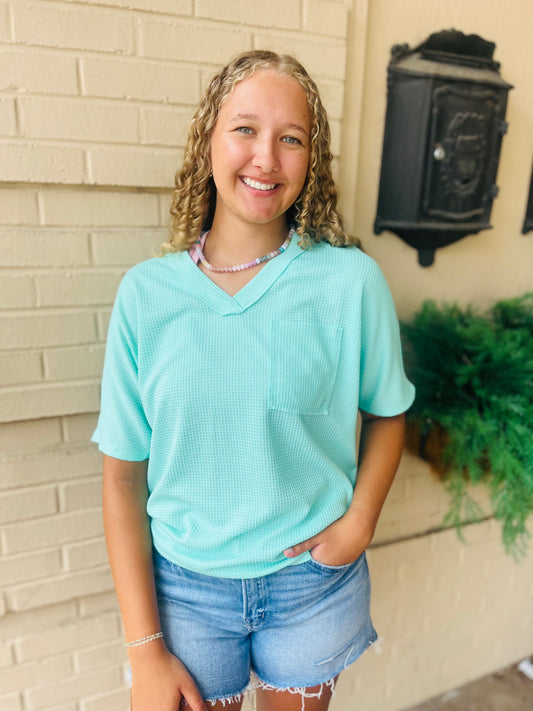 Waffle V Neck Dolman Top - Mint