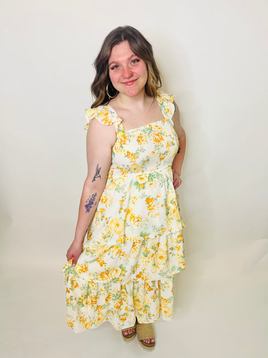 Floral Smocked Sleeveless Ruffle Tiered Dress - Yellow