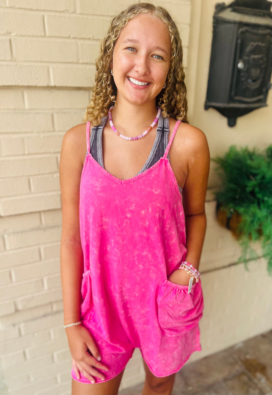 Mineral Washed Sleeveless Romper - Pink