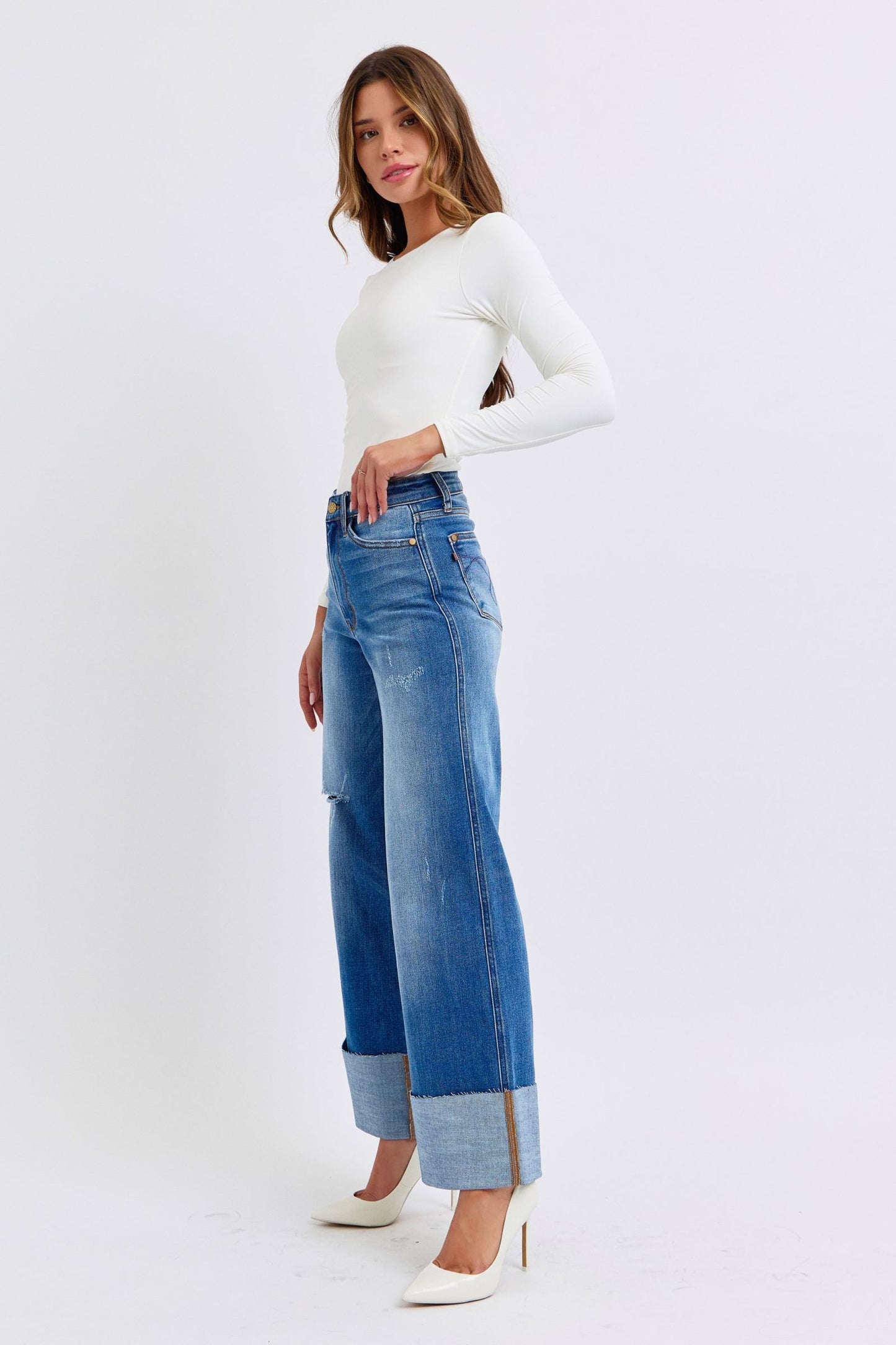 Judy Blue Full Size Distressed High Waist Wide Leg Jeans ONLINE ONLY