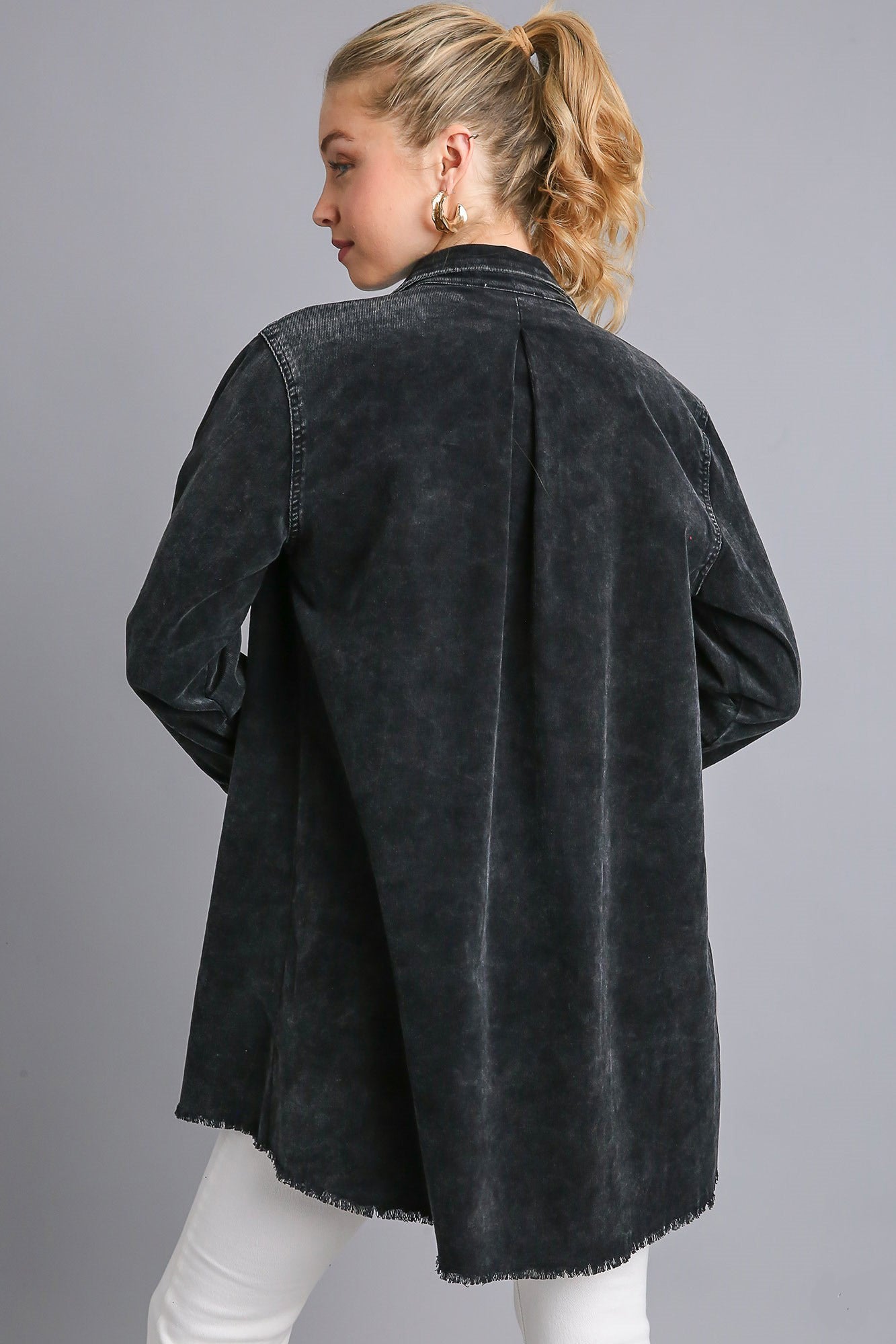 Raw Hem Button Down Denim Jacket with Chest Pockets ONLINE ONLY