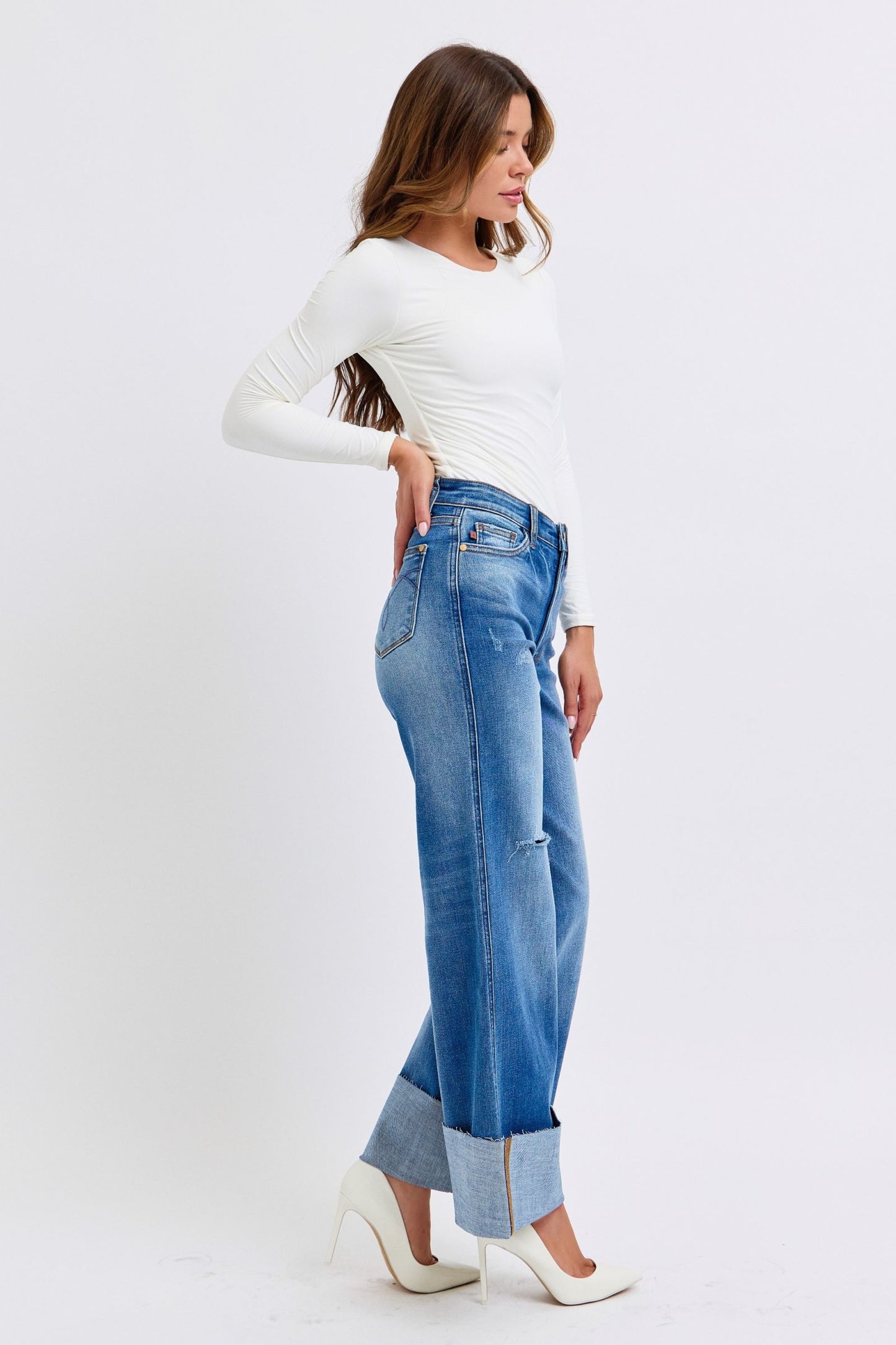 Judy Blue Full Size Distressed High Waist Wide Leg Jeans ONLINE ONLY