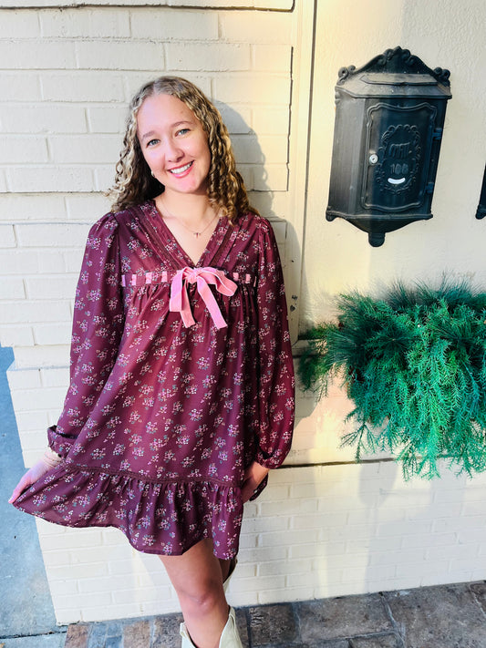 Floral Printed Front Bow Dress - Chocolate