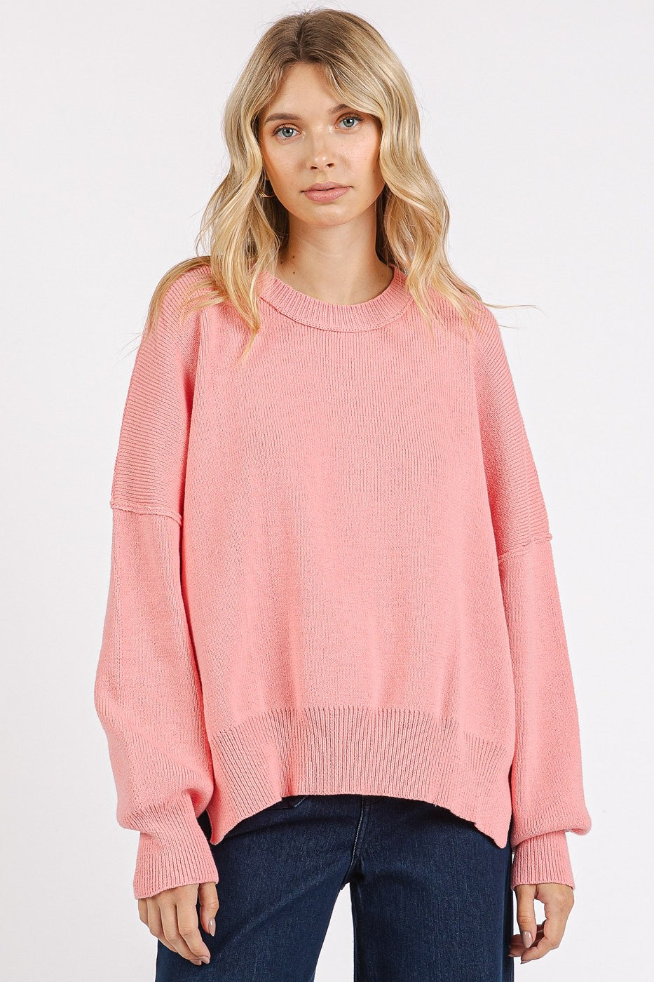 Side Slit Round Neck Drop Shoulder Sweater ONLINE ONLY