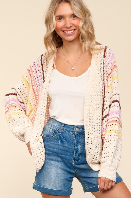 Full Size Striped Crochet Open Front Cardigan