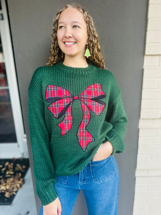 Christmas Sweater with Plaid Ribbon Bow - Hunter Green