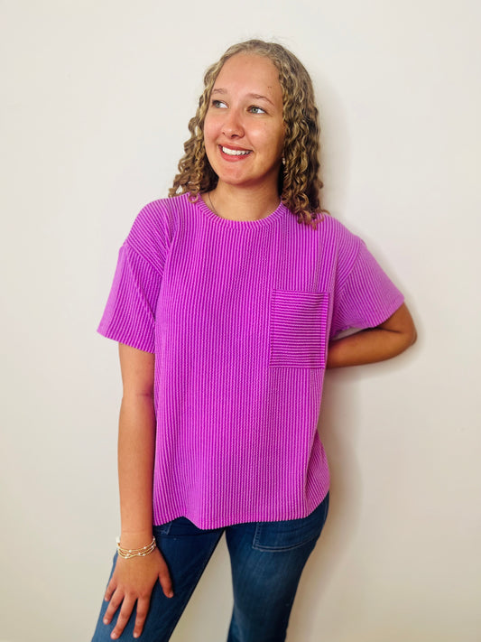 Corded Rib Short Sleeve Front Pocket Top - Spring Violet