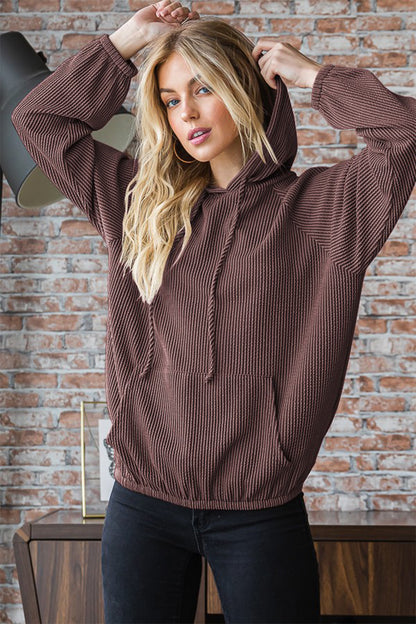 ONLINE ONLY Ribbed Long Sleeve Hoodie with Kangaroo Pocket