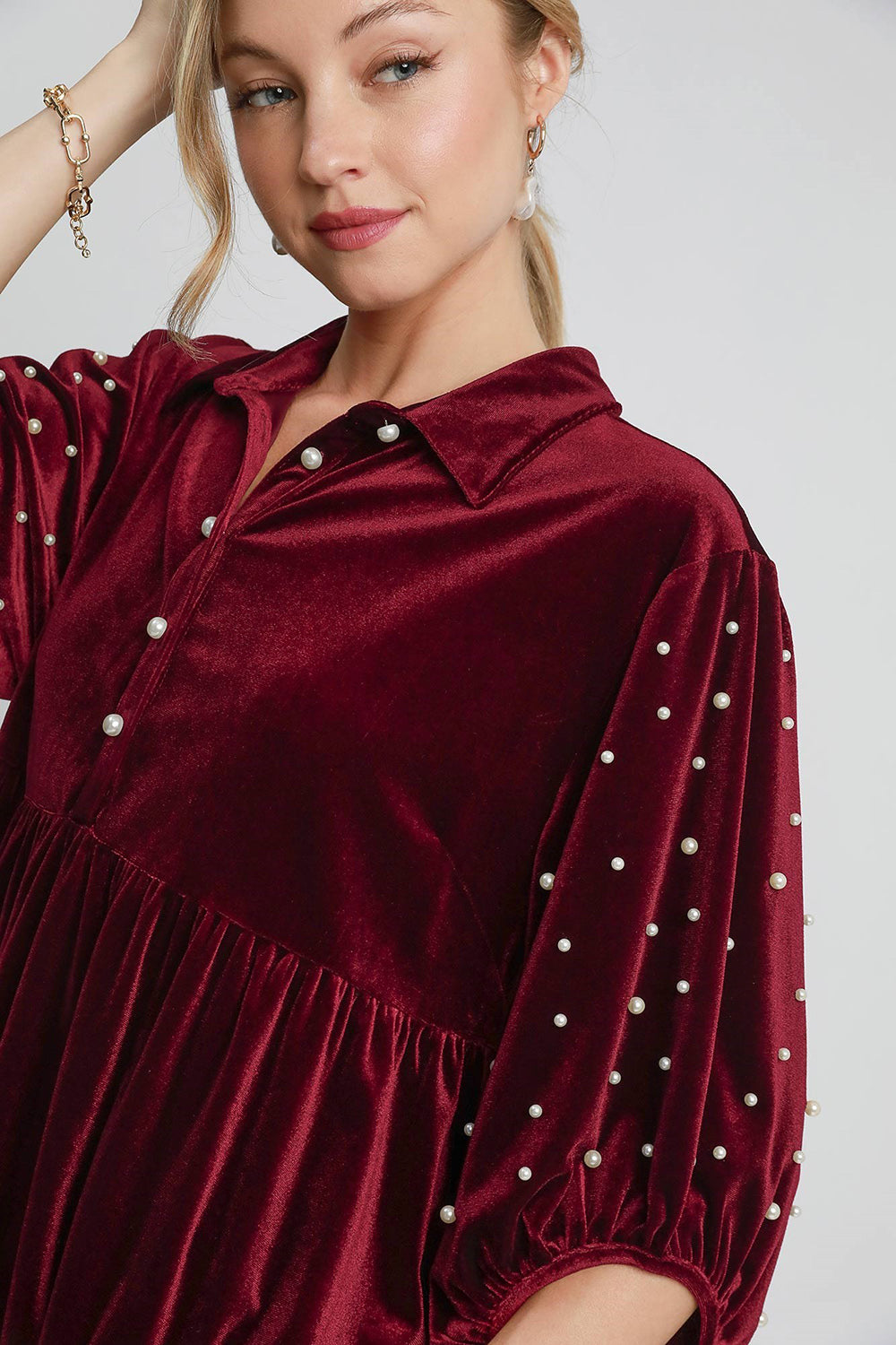 Pearl Detail Collared Neck Velvet Babydoll Blouse ONLINE ONLY