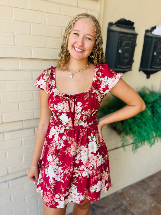 Floral Ruffle Trim Velvet Front Tie Dress - Burgundy