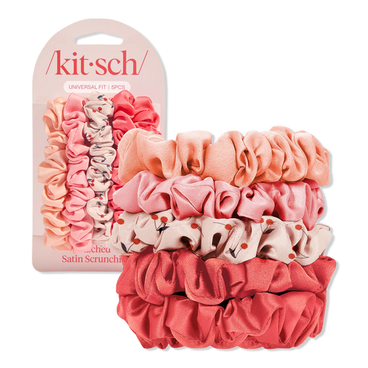 Kitsch Ruched Satin Scrunchies 5 Piece Set - Cherry Blossom