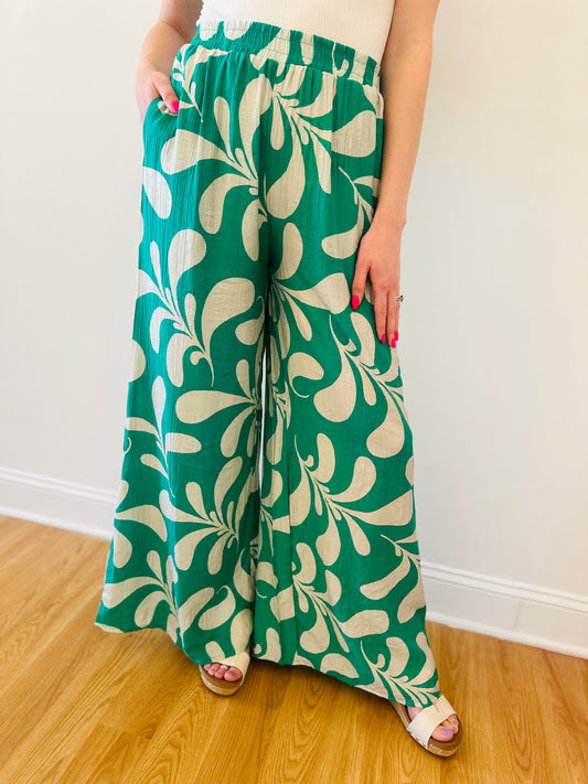 Patterned Pull On Wide Leg Pants - Green