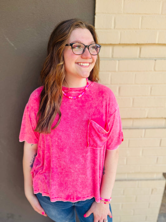 Washed Ribbed Round Neck Top - Hot Pink