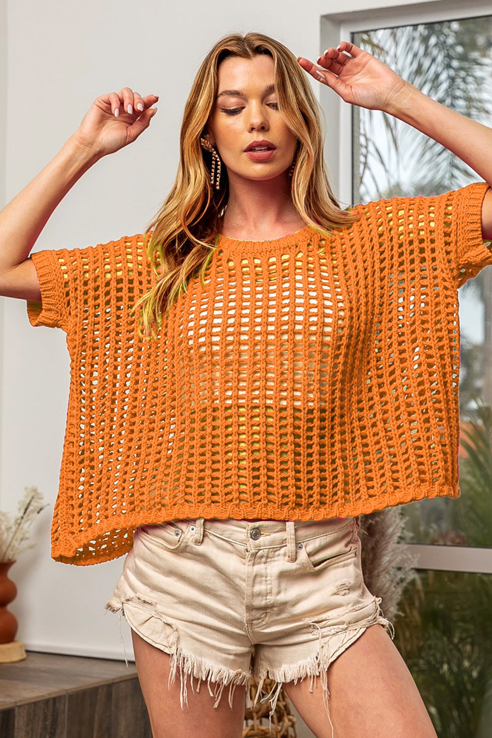 Hollowed Out Short Sleeve Knit Cover Up