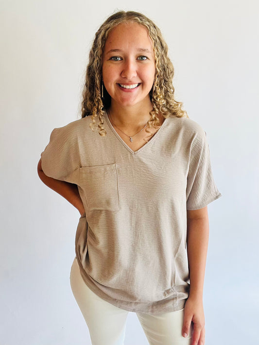 Airflow V-Neck Dolman Pocket Top - Ash Mocha
