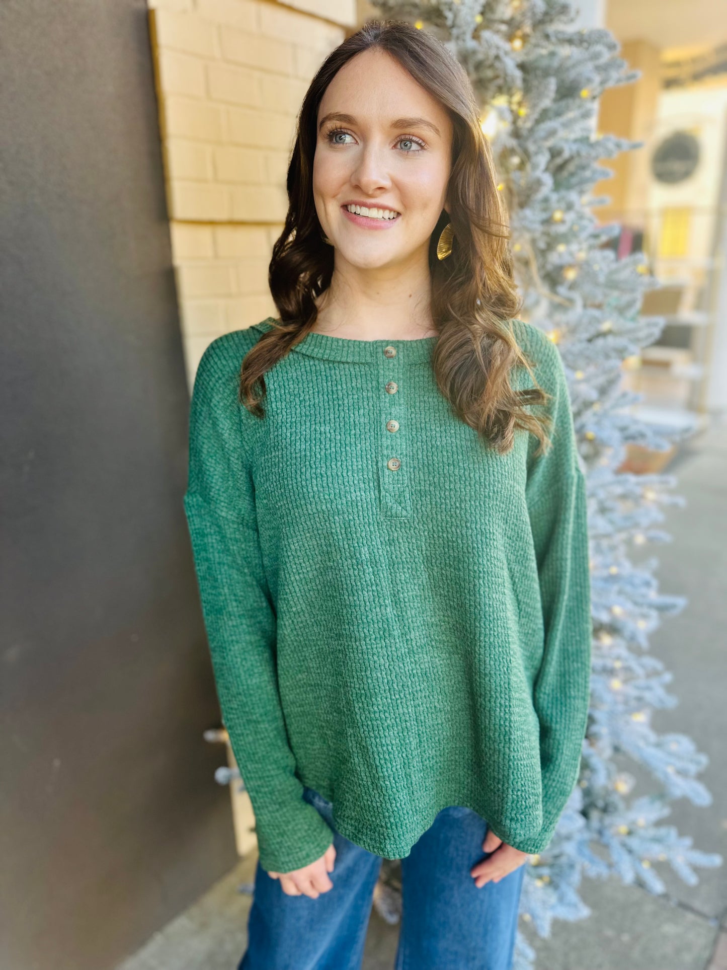 Waffle Knit Henley Long Sleeve Top - Hunter Green