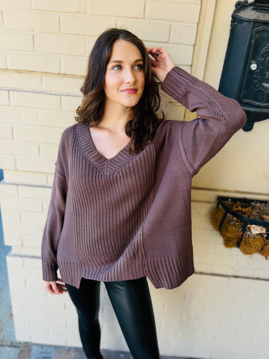 V Neck Knit Sweater - Café Noir