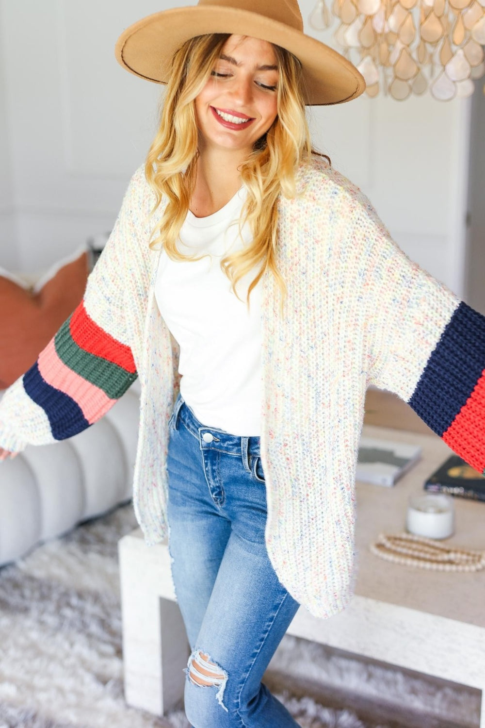 Full Size Color Block Open Front Cardigan