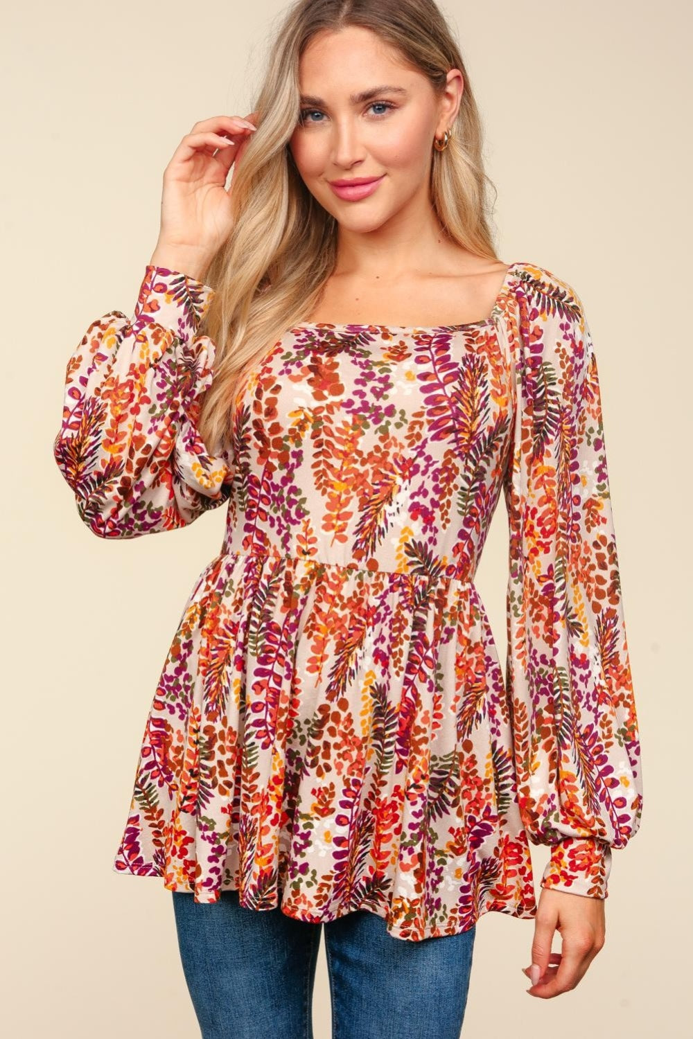 ONLINE ONLY Full Size Peplum Floral Square Neck Blouse