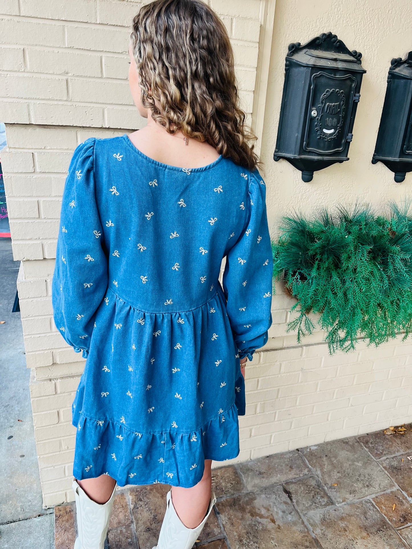 Washed Denim Bow Printed Dress - Indigo