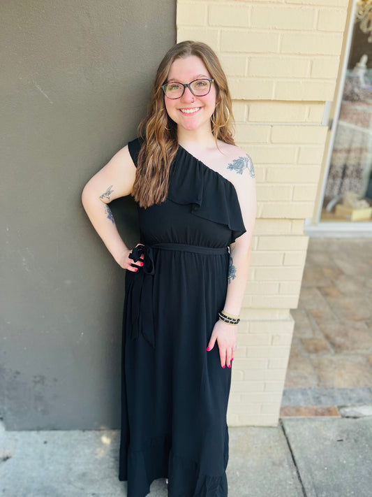 One Shoulder Ruffle Maxi Dress - Black