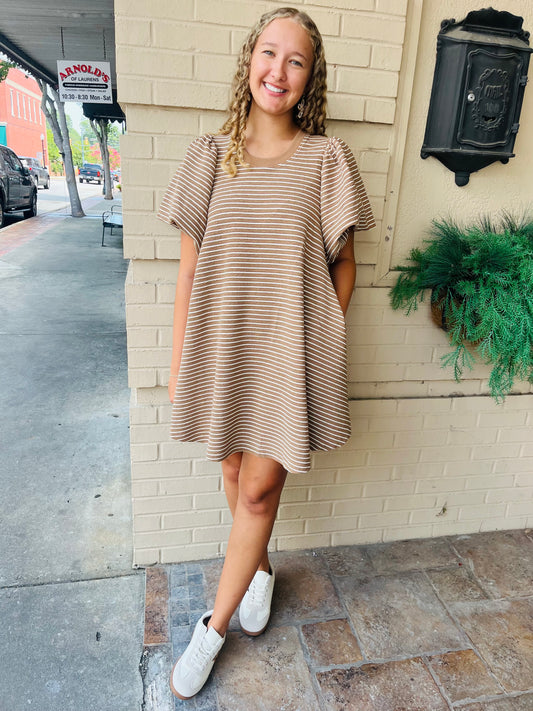Puff Sleeve Striped Dress - Latte