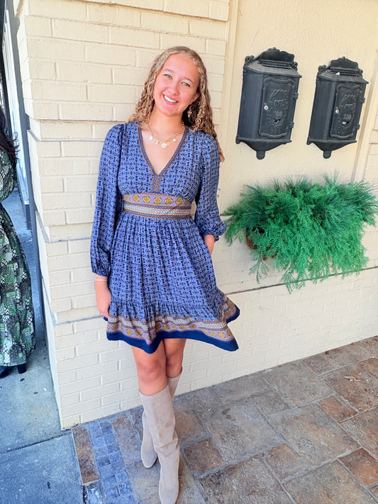 Border Print Mini Dress - Navy