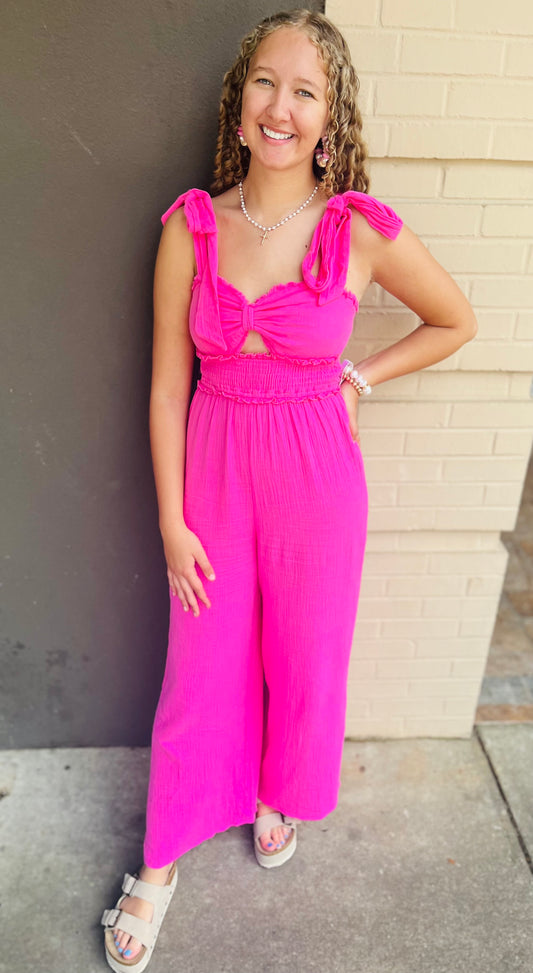 Shoulder Tie Strap Front Tie Jumpsuit - Pink
