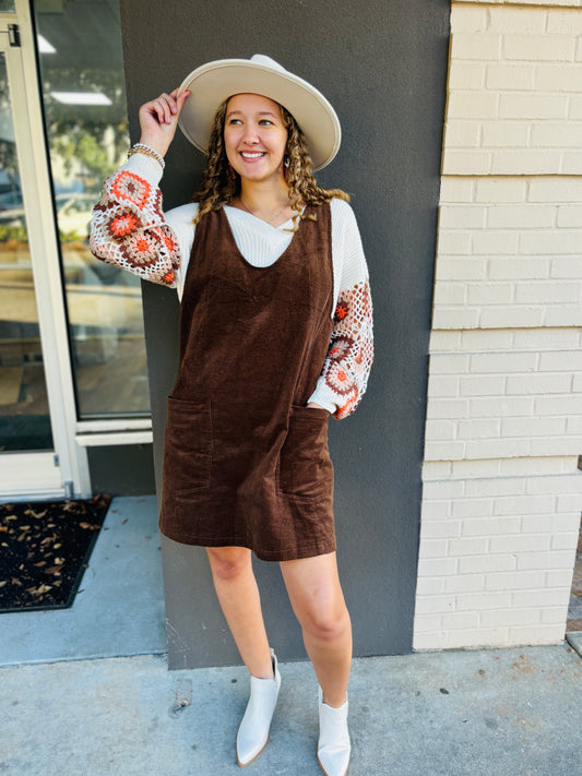 Casual Overall Corduroy Dress - Brown