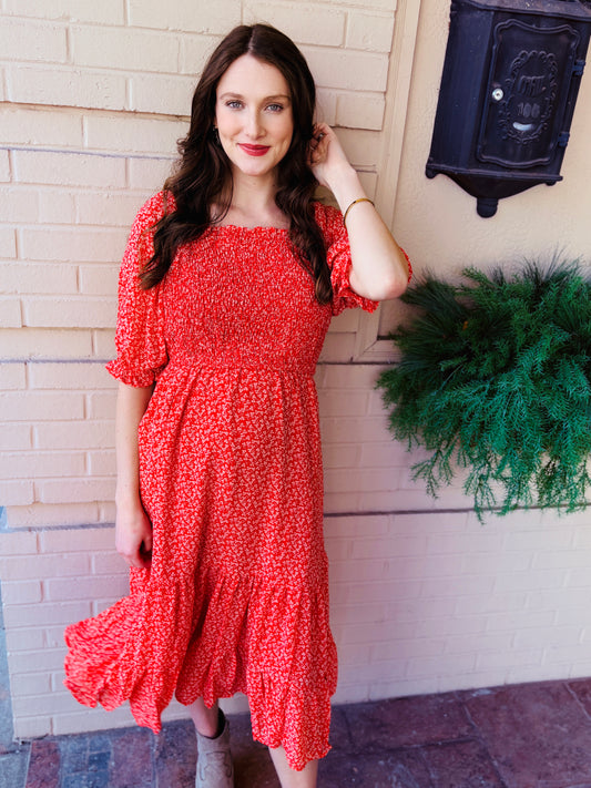 Cinched Cuff Square Neck Smocked Dress - Red