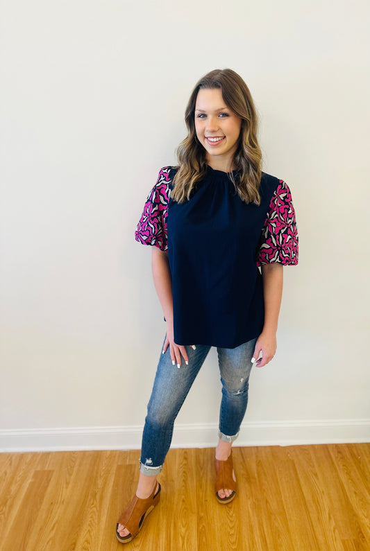 Embroidered Puff Sleeve Blouse - Navy