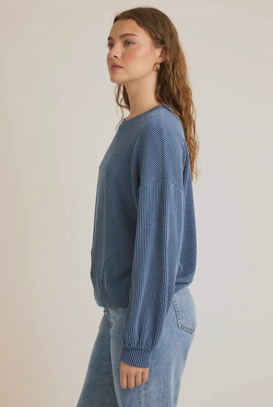 Round Neck Side Pocket Long Sleeve Top - Blue