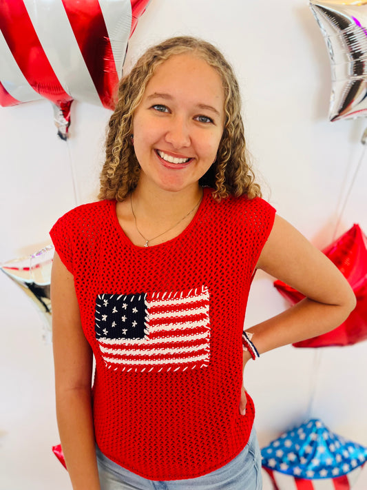 American Flag Crochet Knit Top