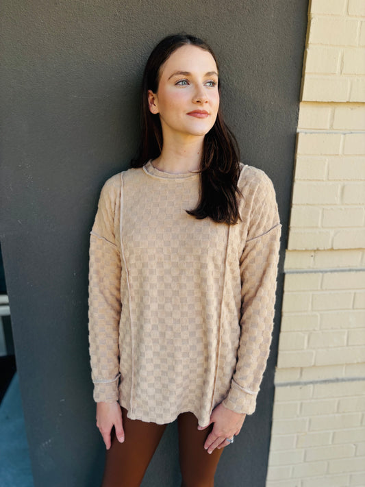 Checkered Fleece Pullover Top - Taupe