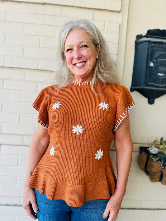 Ruffled Sleeve Knit Top With Flower Embroidery - Camel