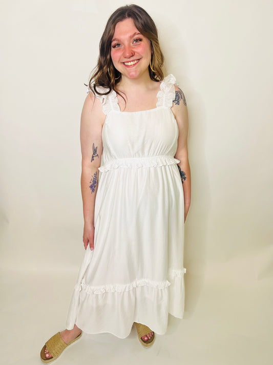 Plus Ruffle Empire Waist Midi Dress - White