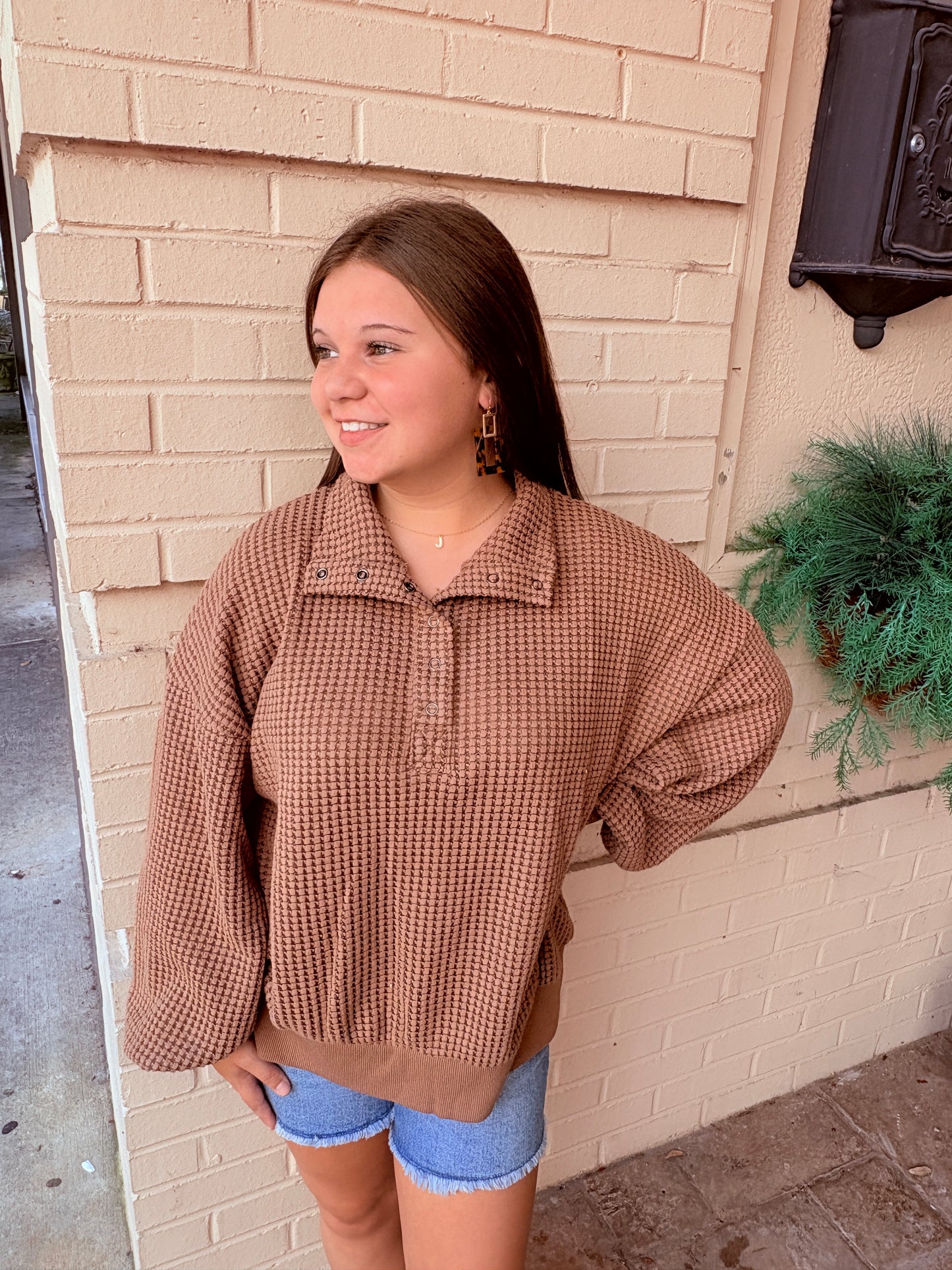 Oversized Half Button Down Waffle Knit Pullover - Chocolate