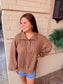 Oversized Half Button Down Waffle Knit Pullover - Chocolate