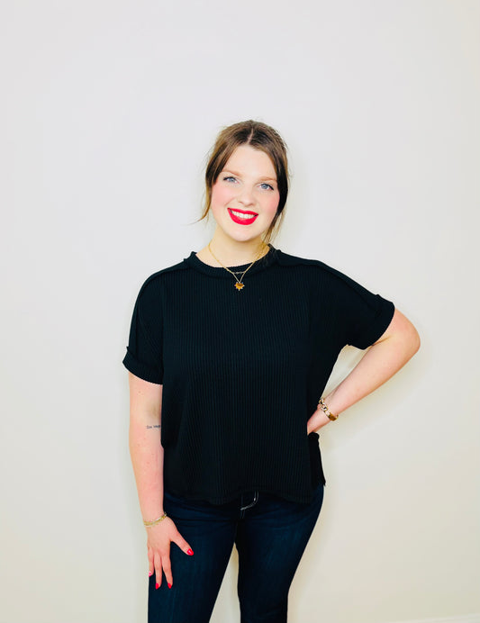 Corded Rib Short Cuff Sleeve Raw Edge Top - Black