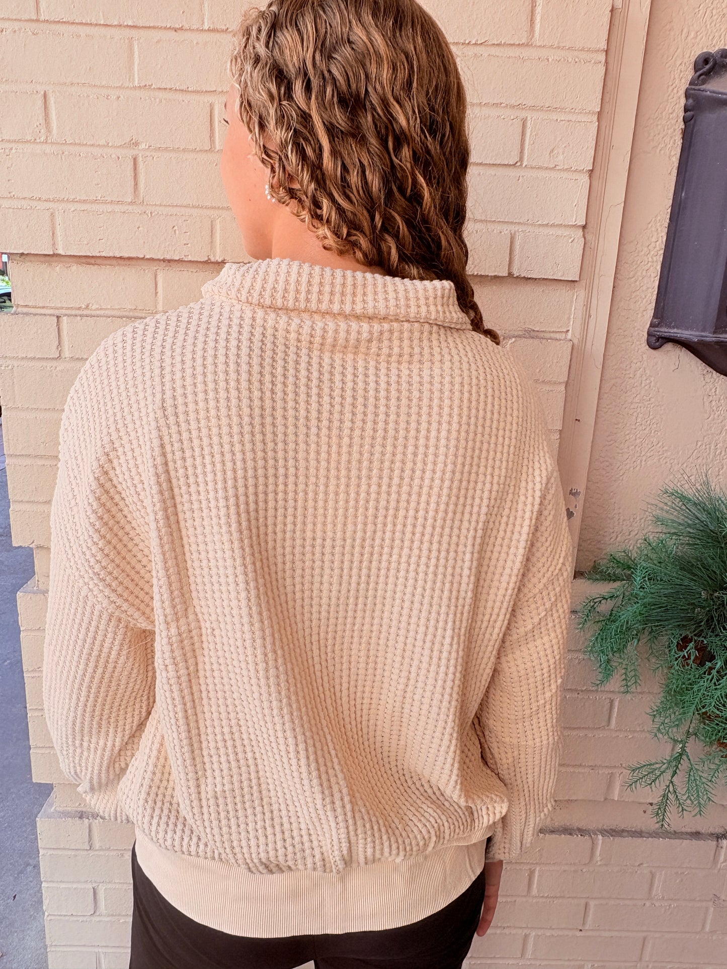 Oversized Half Button Down Waffle Knit Pullover - Cream