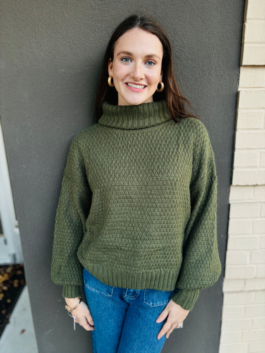 Textured Knitted Turtleneck Sweater - Olive