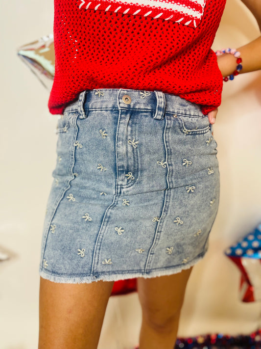 Bow Printed Denim Skirt