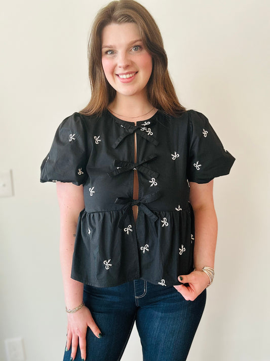 Bow Babydoll Ribbon Blouse - Black