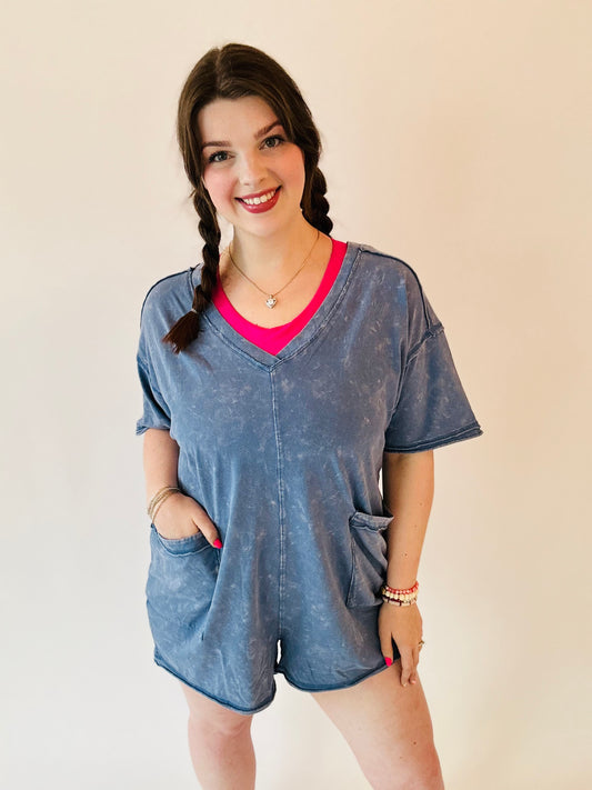 Mineral Washed Oversized Romper - Denim