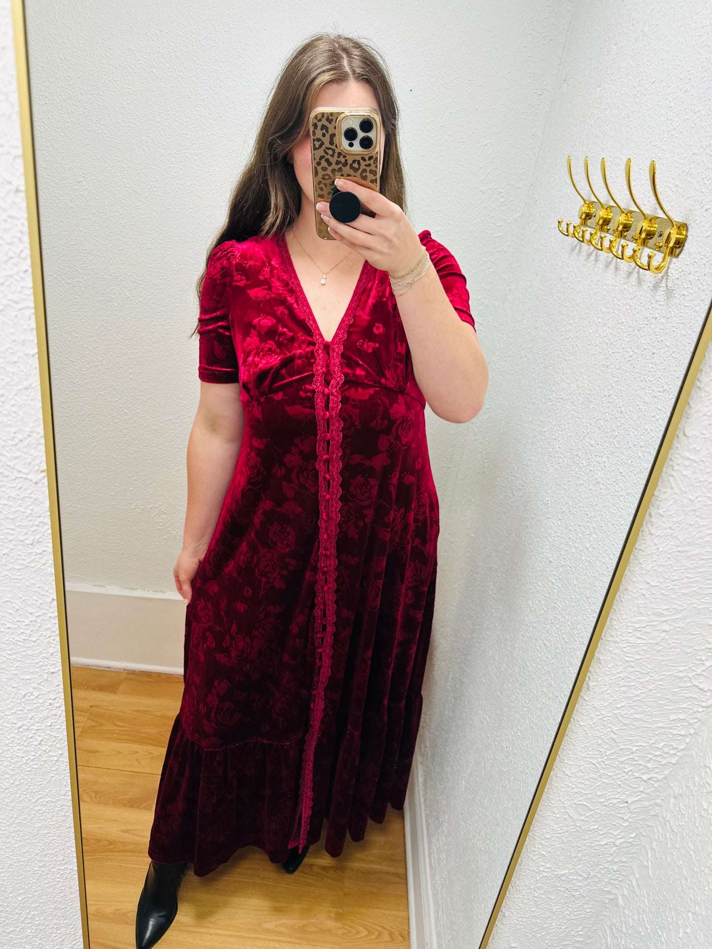 Embossed Velvet Button Down Maxi Dress - Merlot